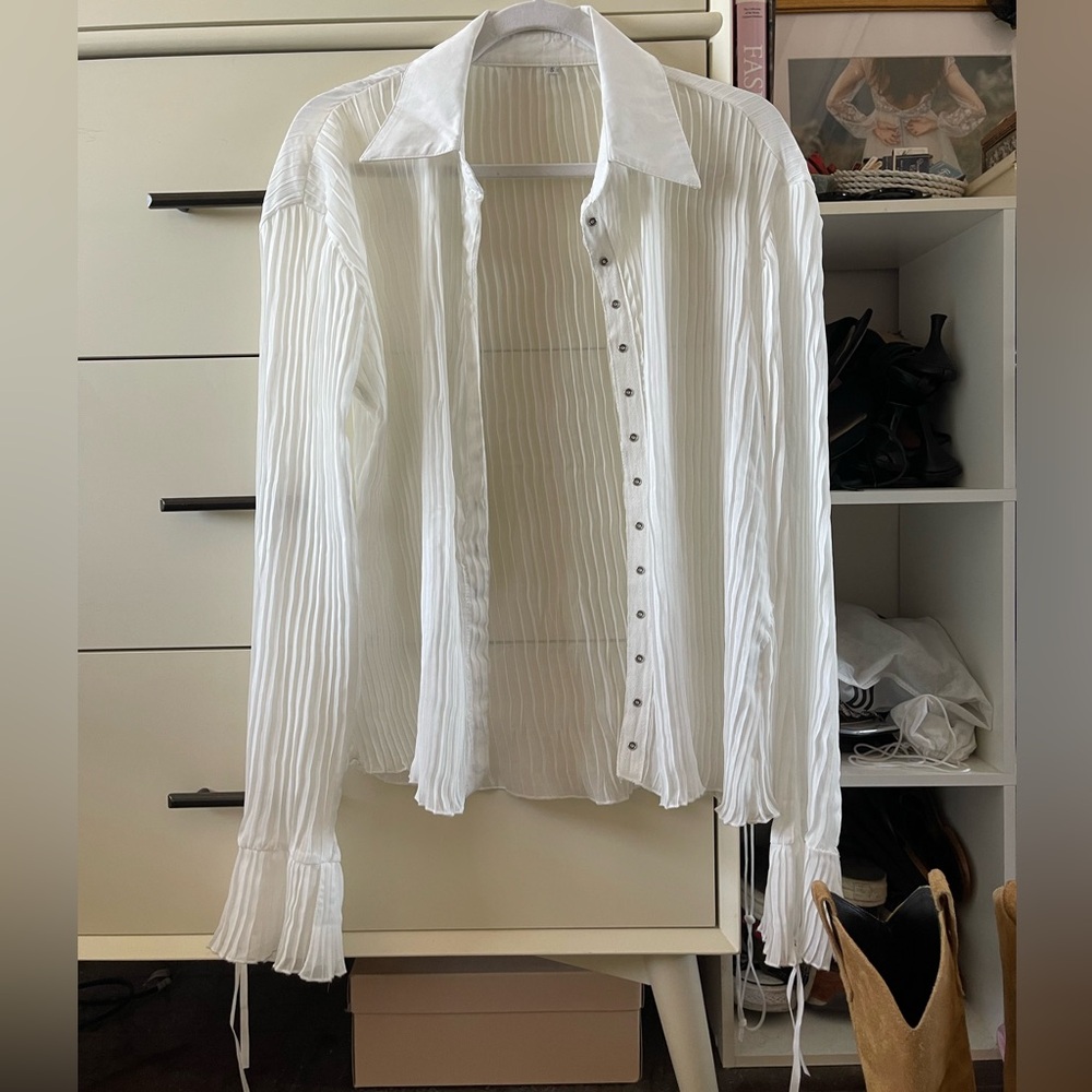 PLEATED WHITE CHIFFON BLOUSE | Sz Small
